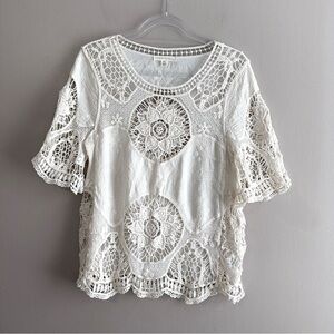 Farmers Market Ivory Open Knit Crochet Lace Boho Blouse Womens Large Petite